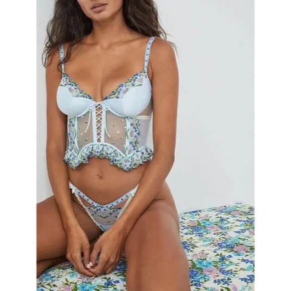 For Love & Lemons Blue Floral Embroidered Bustier Bralette Croquette Corset Top - Picture 2 of 15